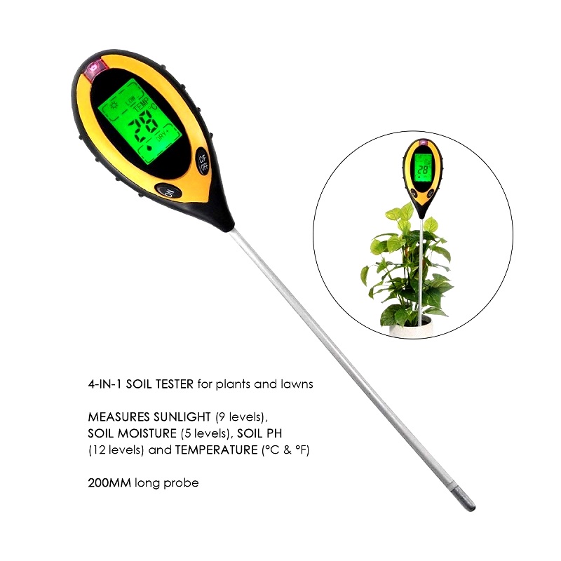 4 in 1 Soil PH Meter Soil Tester PH Moisture Meter Temperature Sunlight Measurement Analysis Acidity Alkali（Without Battery）