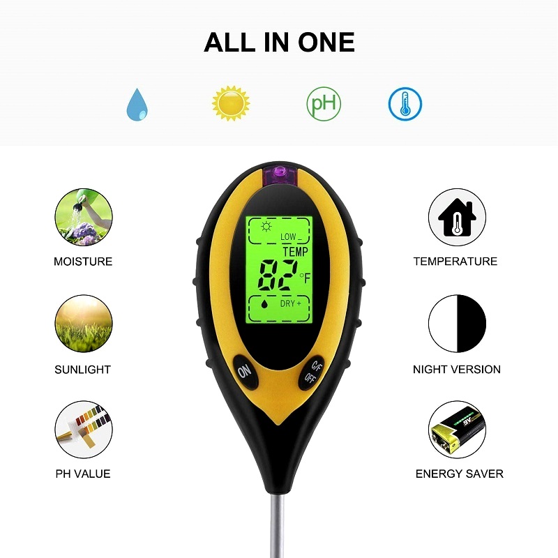 4 in 1 Soil PH Meter Soil Tester PH Moisture Meter Temperature Sunlight Measurement Analysis Acidity Alkali（Without Battery）