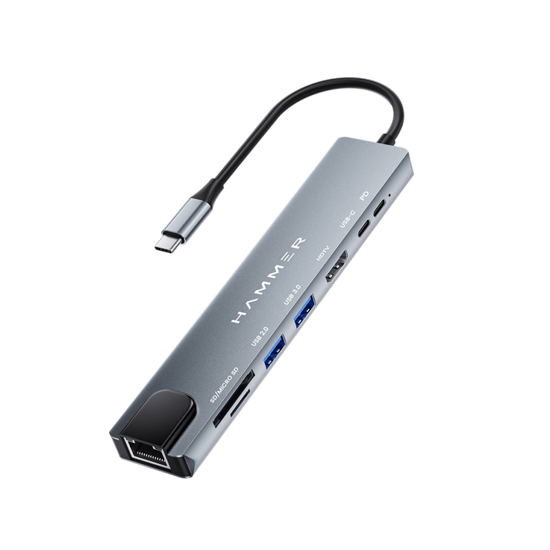 HAMMER 8-in-1 USB-C Hub 100W PD Charging, 5Gbps Data Transfer, HDMI 4K, Ethernet Port, SD/TF Multiport Adapter (Grey)