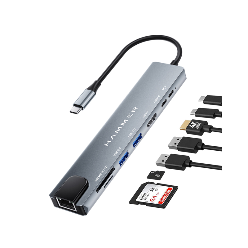 HAMMER 8-in-1 USB-C Hub 100W PD Charging, 5Gbps Data Transfer, HDMI 4K, Ethernet Port, SD/TF Multiport Adapter (Grey)