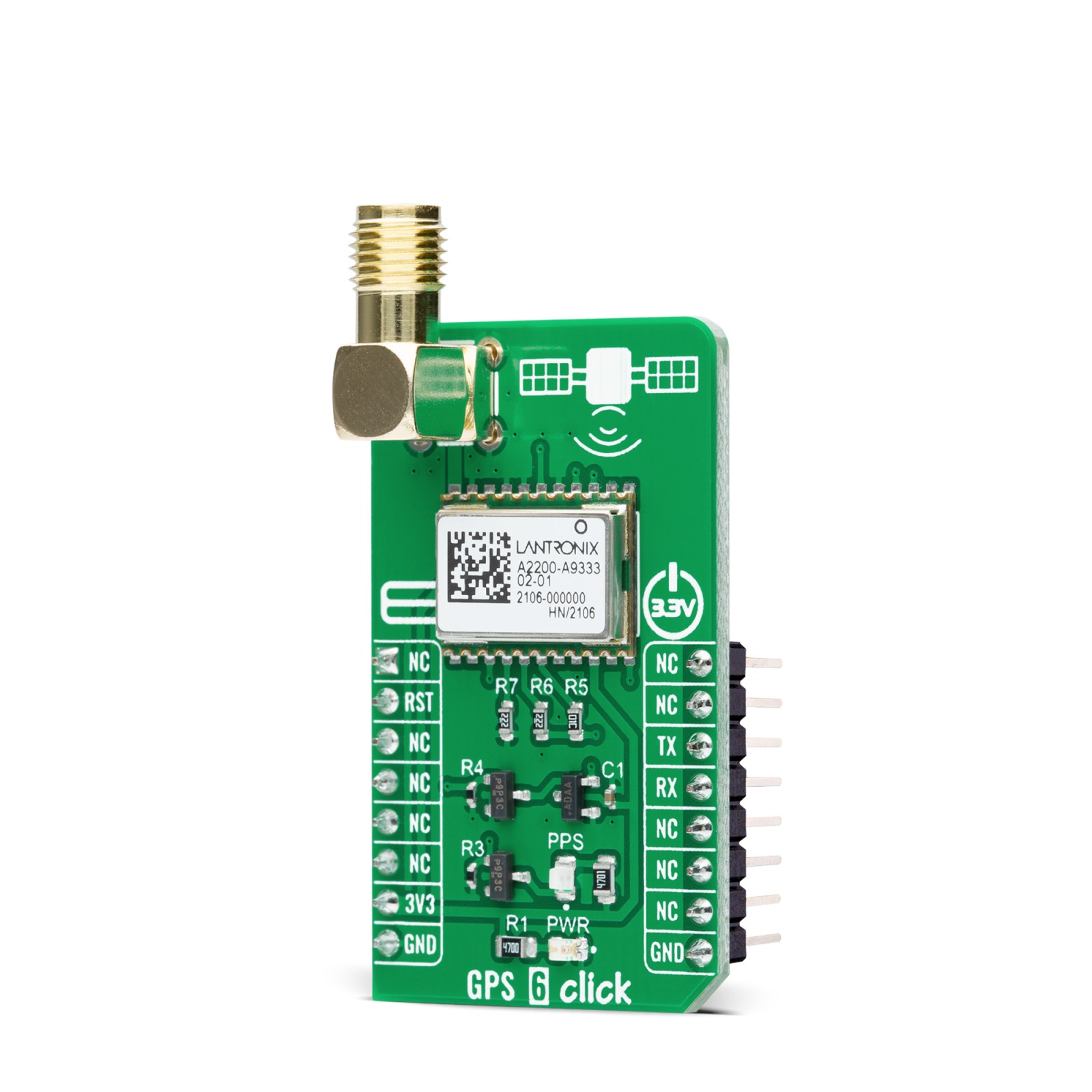 MIKROE GPS 6 Click (MIKROE-5115) – A2200-A GPS Receiver Board, UART Interface, 1.575 MHz L1 GPS, mikroBUS