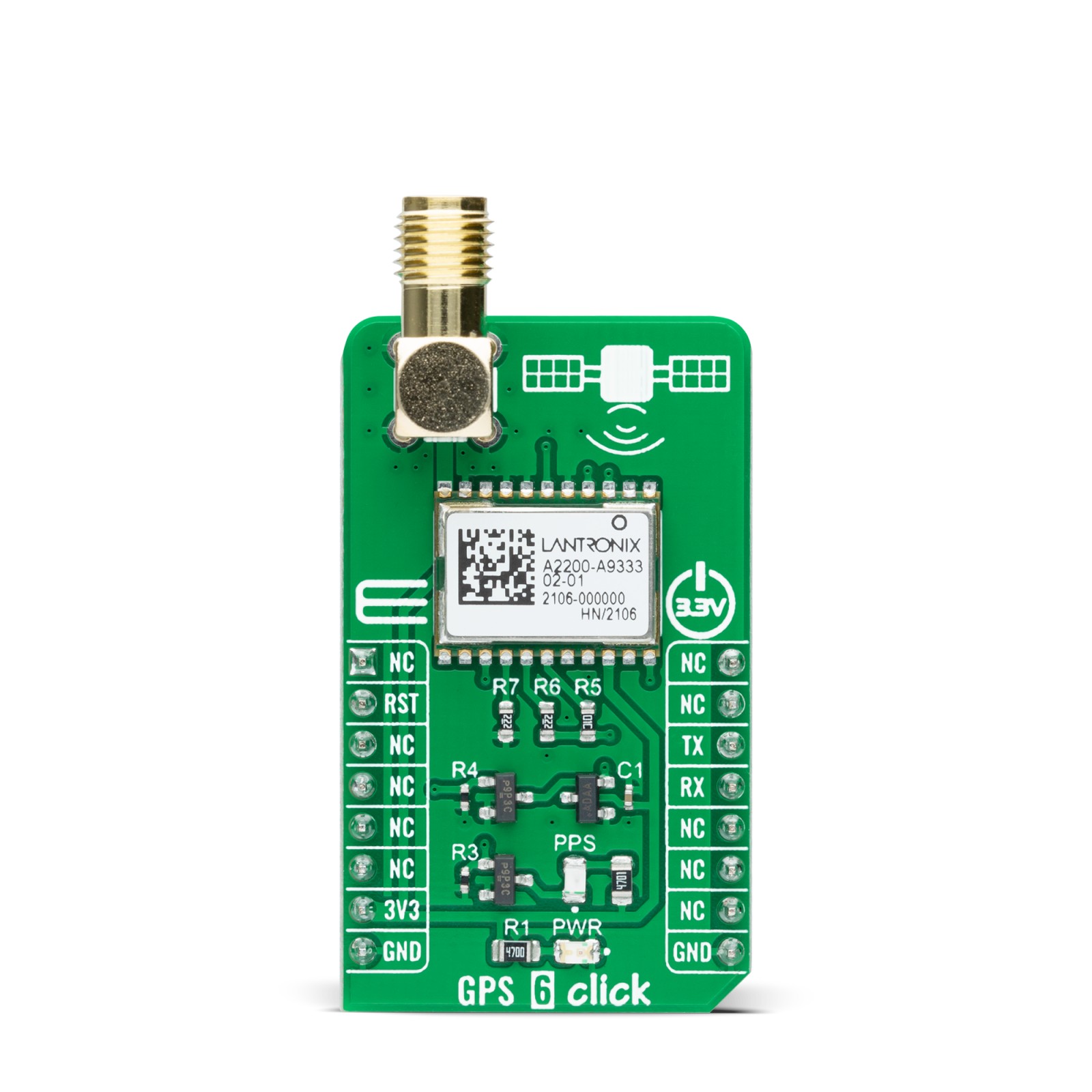 MIKROE GPS 6 Click (MIKROE-5115) – A2200-A GPS Receiver Board, UART Interface, 1.575 MHz L1 GPS, mikroBUS