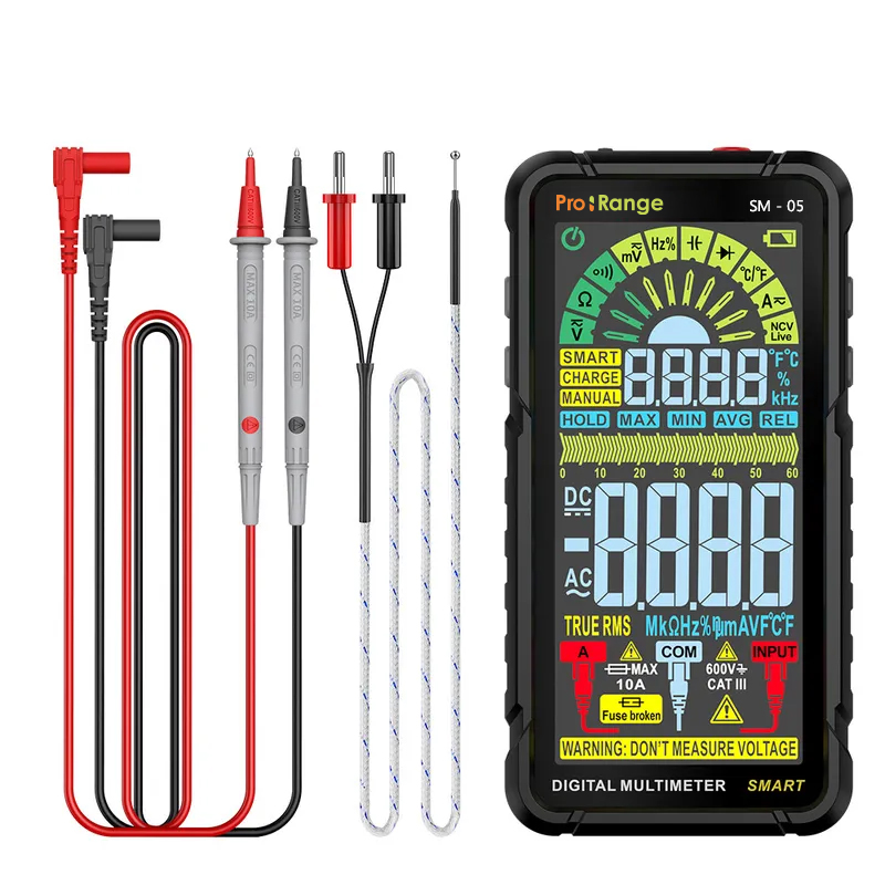 Pro-Range SM-05 Smart Digital Multimeter 6000 Counts | True RMS | Auto Ranging | NCV | 10A | 600V | Temperature Measurement | Fullscreen Color Display | In-bulit Battery