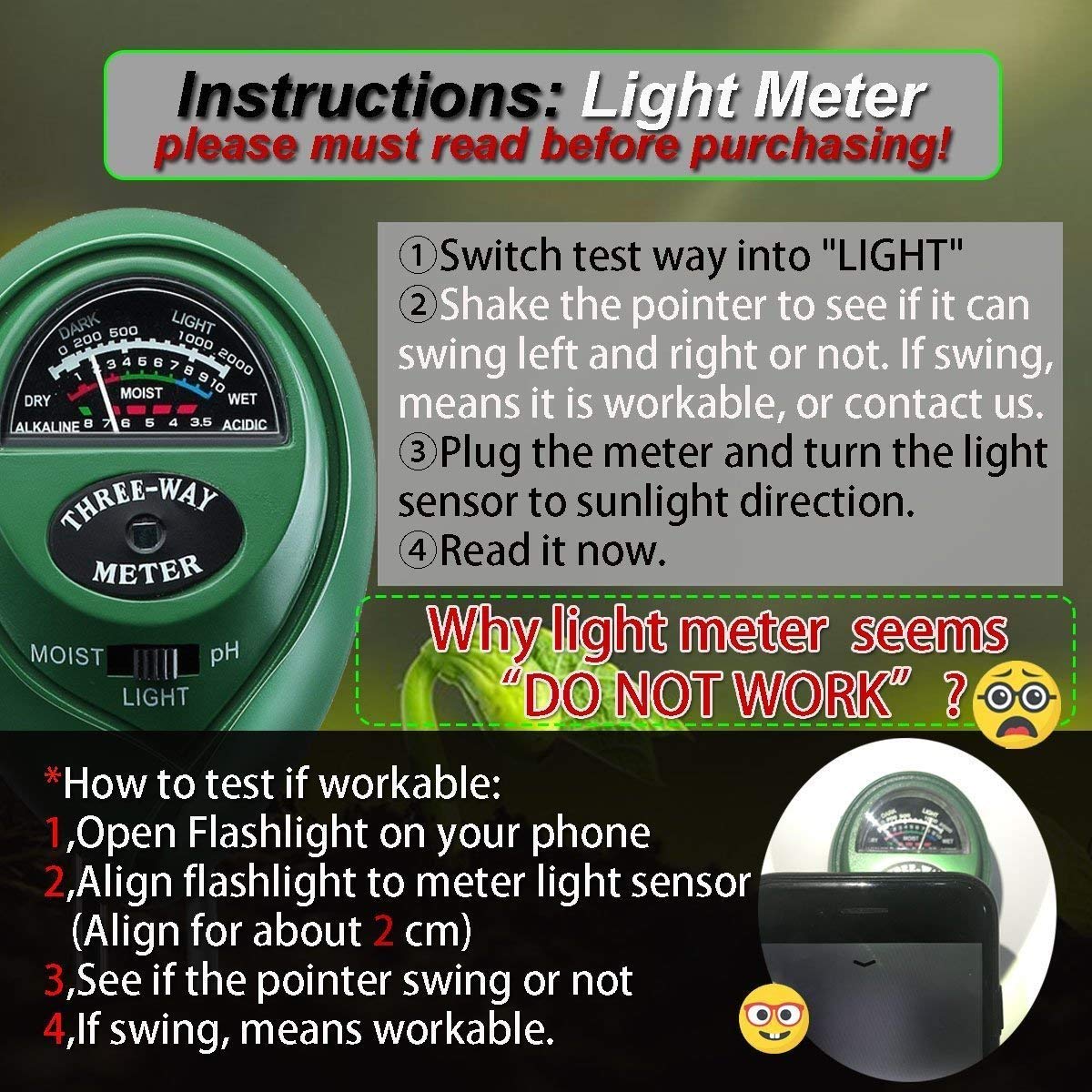 Three-Way Soil Meter For Moisture, Light Intensity and pH Testing Meter