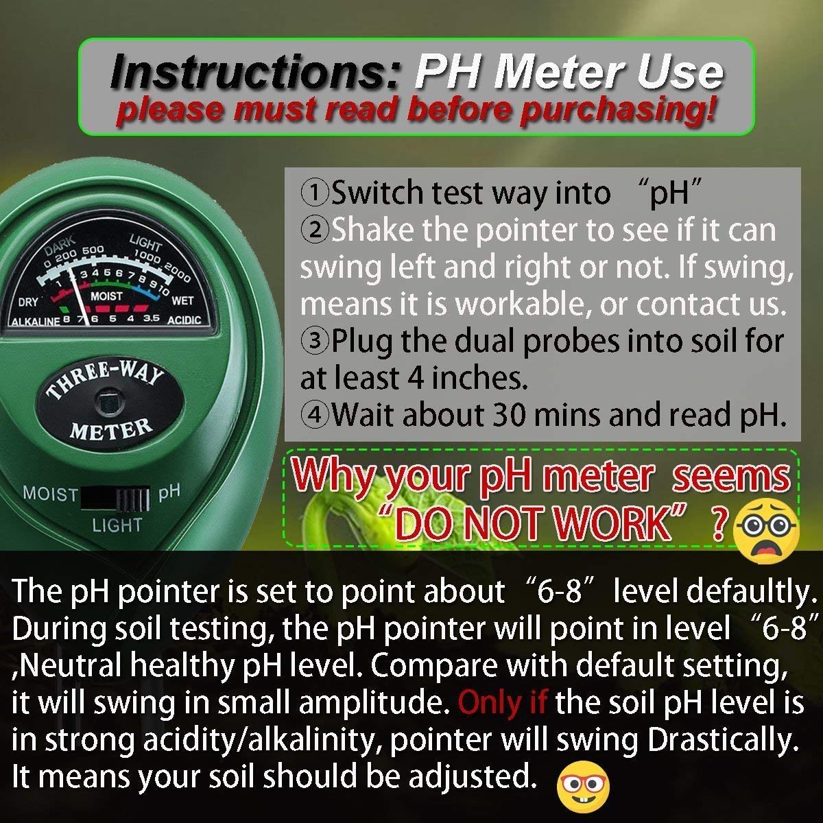 Three-Way Soil Meter For Moisture, Light Intensity and pH Testing Meter