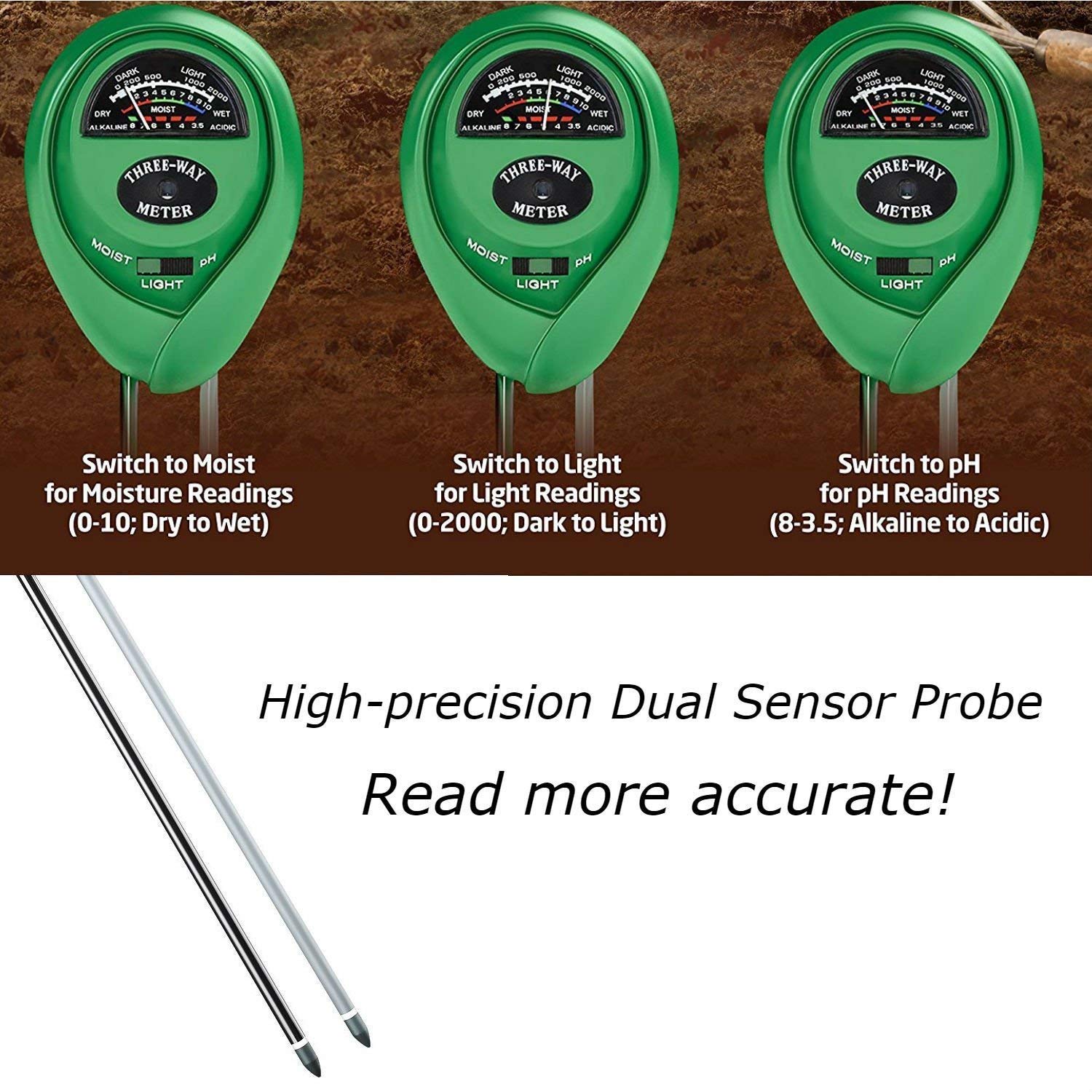 Three-Way Soil Meter For Moisture, Light Intensity and pH Testing Meter
