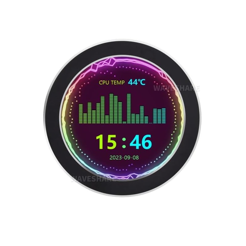 Waveshare 2.8 Inch USB Monitor, IPS Panel, Water Cooler Screen, PC case Secondary Screen, 480×480 Resolution, With Music Spectrum Analysis Function Black