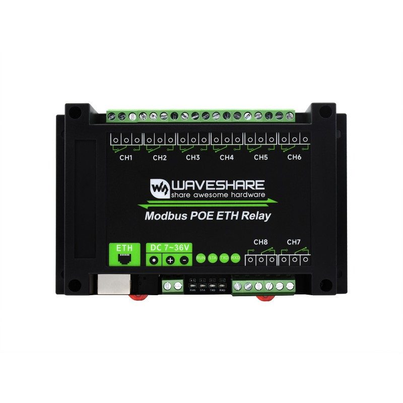 Waveshare 8-ch Ethernet Relay Module, Modbus RTU/Modbus TCP Protocol, PoE port Communication, With Various Isolation And Protection Circuits