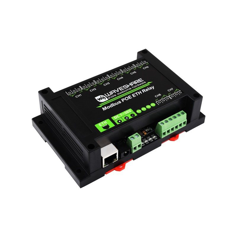 Waveshare 8-ch Ethernet Relay Module, Modbus RTU/Modbus TCP Protocol, PoE port Communication, With Various Isolation And Protection Circuits