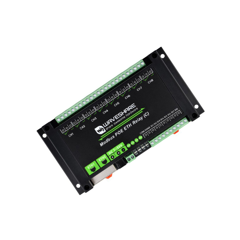Waveshare Dual Ethernet Ports 8-ch Relay Module (C), Modbus RTU Protocol, PoE Power Supply, With Various Isolation And Protection Circuits, Industrial Grade Rail-Mount Case