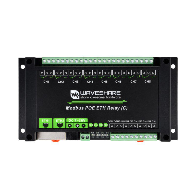 Waveshare Dual Ethernet Ports 8-ch Relay Module (C), Modbus RTU Protocol, PoE Power Supply, With Various Isolation And Protection Circuits, Industrial Grade Rail-Mount Case