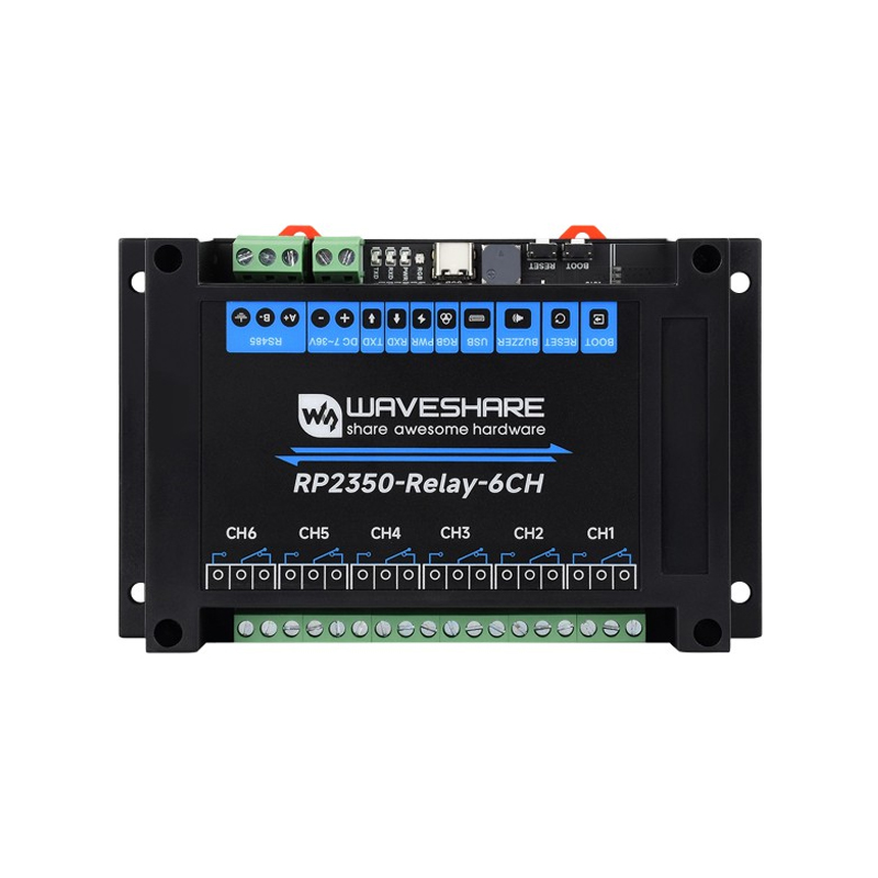 Waveshare Industrial 6-Channel RP2350 Relay Module with Onboard RS485 / Pico HAT interfaces and Multiple Isolation Protection Circuits, Industrial-Grade
