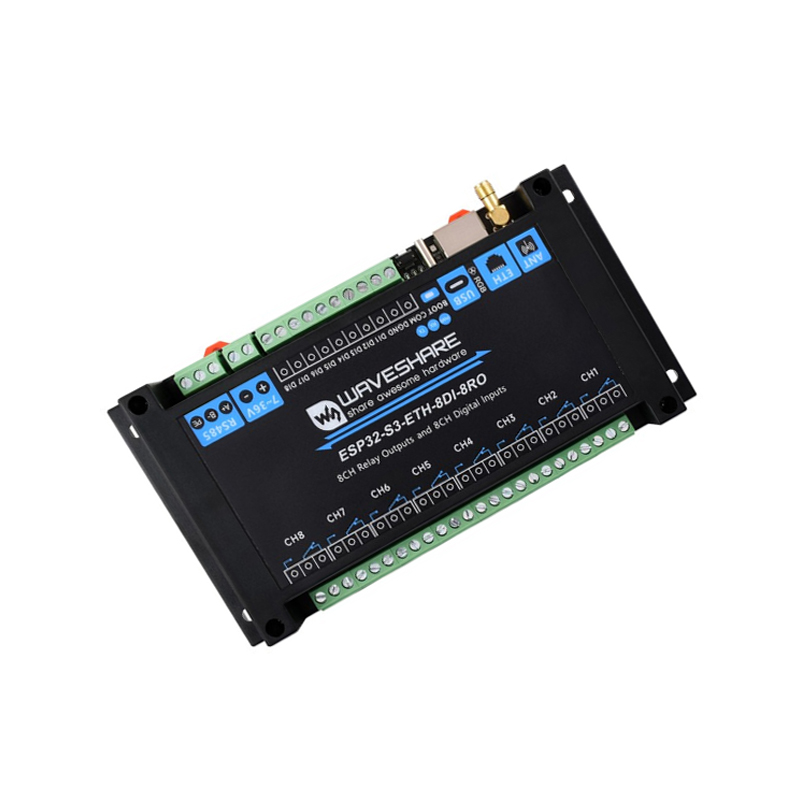 Waveshare Industrial 8-Channel ESP32-S3 WiFi Relay Module, Onboard isolated RS485 interface with Common network port