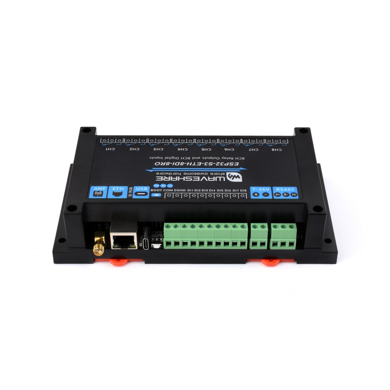 Waveshare Industrial 8-Channel ESP32-S3 WiFi Relay Module, Onboard isolated RS485 interface with Common network port