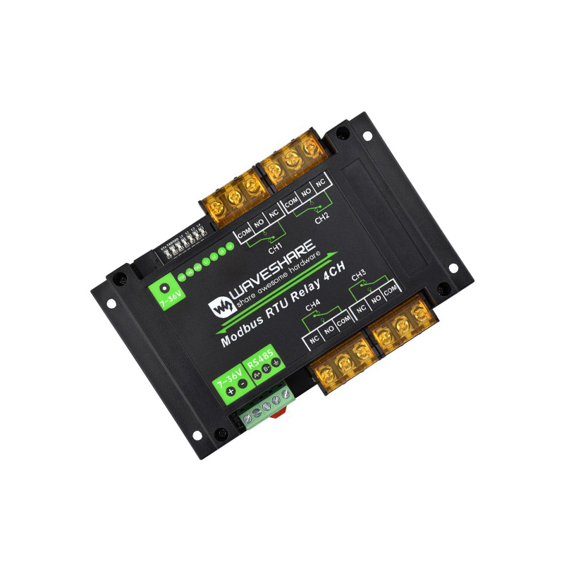 Waveshare Industrial Modbus RTU 4-ch Relay Module with RS485 Interface, Industrial Grade Rail-Mount Case