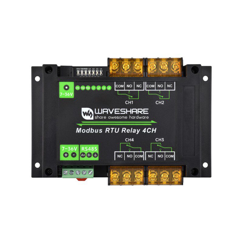 Waveshare Industrial Modbus RTU 4-ch Relay Module with RS485 Interface, Industrial Grade Rail-Mount Case
