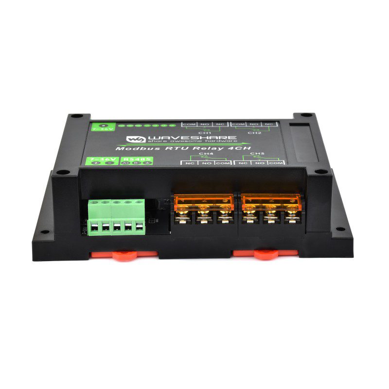 Waveshare Industrial Modbus RTU 4-ch Relay Module with RS485 Interface, Industrial Grade Rail-Mount Case