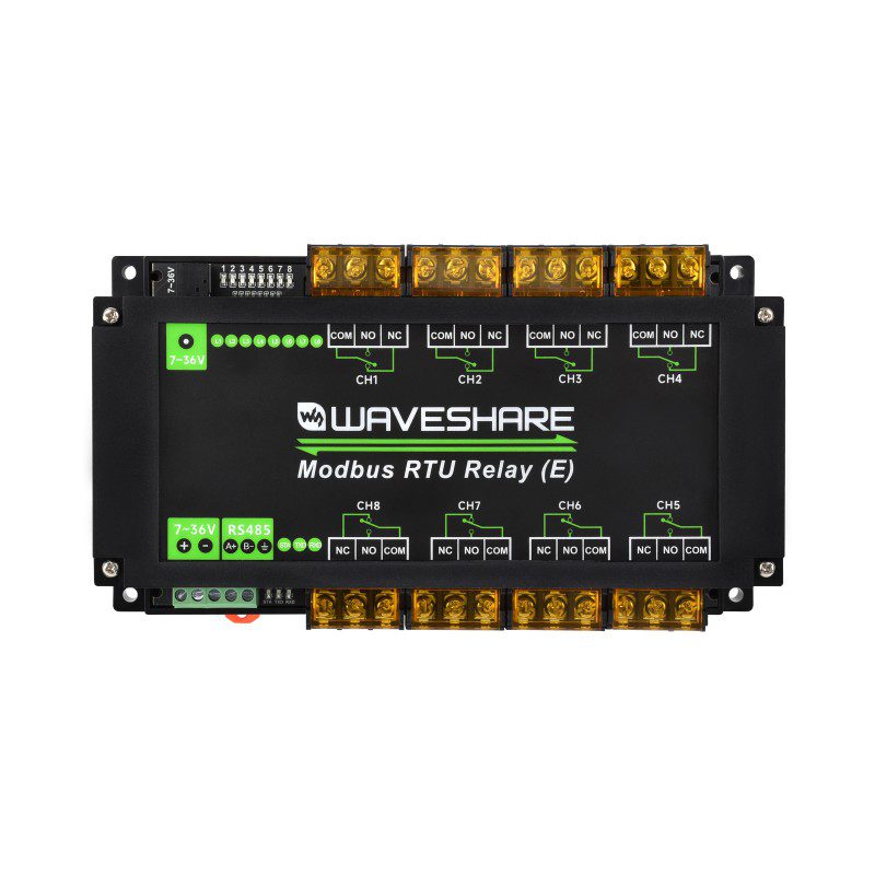 Waveshare Industrial Modbus RTU 8-ch Relay Module (E) with RS485 Interface, 30A High Current, Multi Isolation Protection Circuits, Rail-mounted Case