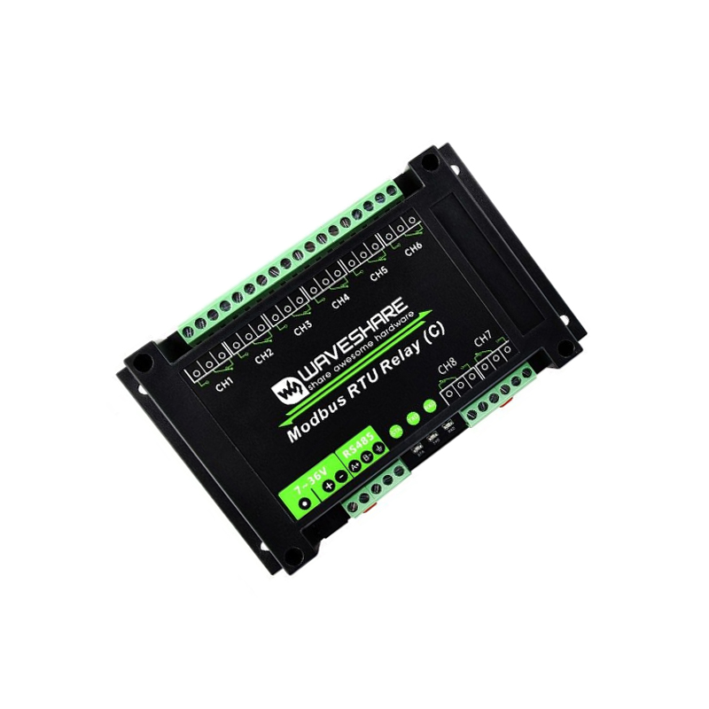 Waveshare Modbus RTU 8-ch Latching Relay Module (C) with RS485 Interface, Multi Isolation Protection Circuits, Rail-mounted Case