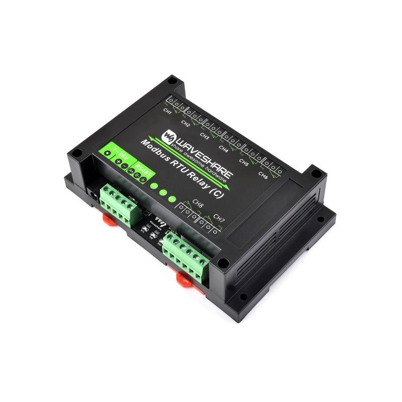Waveshare Modbus RTU 8-ch Latching Relay Module (C) with RS485 Interface, Multi Isolation Protection Circuits, Rail-mounted Case