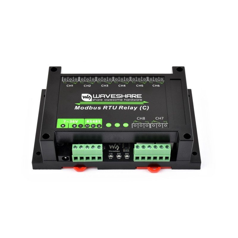 Waveshare Modbus RTU 8-ch Latching Relay Module (C) with RS485 Interface, Multi Isolation Protection Circuits, Rail-mounted Case