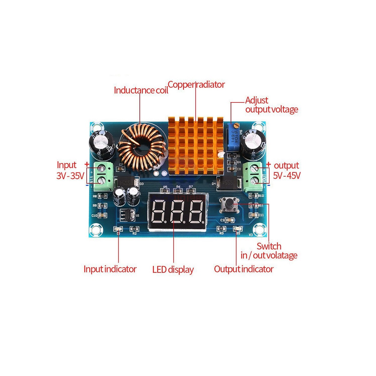 XH-M411 DC-DC Digital Booster Board Boost Nodule High-Power 5-45V Output 5A