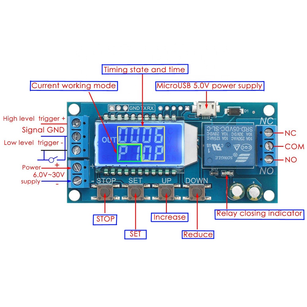 XY-LJ02 6-30V Micro USB, Digital LCD Display Time, Delay Relay Module, Control Timer Switch, Trigger Cycle Timing